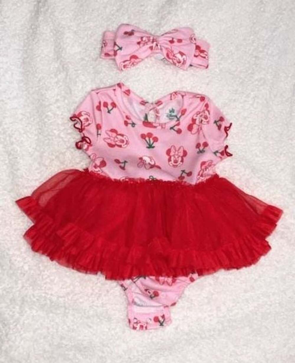 Disney Minnie Mouse Cherry Tutu Dress 3-6M Pink Red One Piece Outfit Set